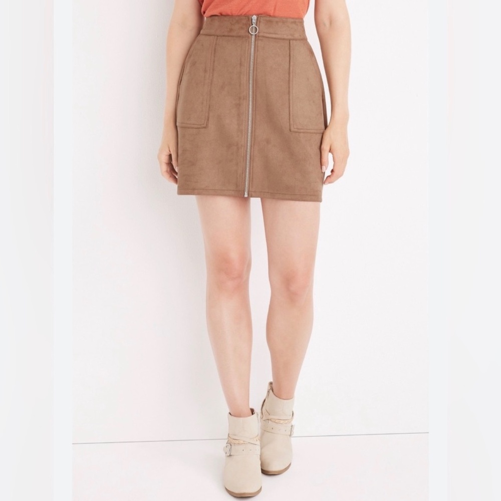 Maurices Faux Suede Pockets Zipper Front Stretch Mini Skirt Light Brown Size 16